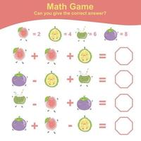 planilha matemática de contagem de frutas. planilha de matemática para pré-escola. planilha de matemática educacional para impressão. contar e escrever atividade de resposta para crianças. ilustração vetorial. vetor