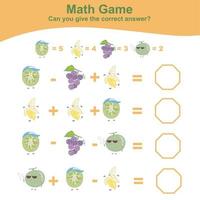 planilha matemática de contagem de frutas. planilha de matemática para pré-escola. planilha de matemática educacional para impressão. contar e escrever atividade de resposta para crianças. ilustração vetorial. vetor