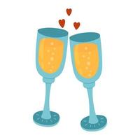 dois copos tilintar de vinho ou champanhe e corações isolados no branco. comemorações e brindes. elemento de design de amor e dia dos namorados para cartões, convites, decorações vetor