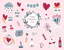 pacote de adesivos fofos do dia dos namorados. conceito de casamento e amor. clipart de feriado minimalista. ilustrações vetoriais desenhadas à mão em estilo simples.