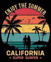 Aproveite o verão, super surfista da Califórnia, design de camiseta de praia de verão retrô vintage, grunge, angústia, palma da mão, cartaz, festa na praia, prancha de surf vetor