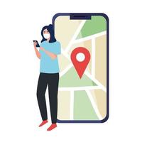 mulher com máscara segurando a marca de smartphone e GPS no desenho vetorial de mapa