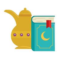 livro sagrado do Corão com bule de chá árabe, feriado muçulmano, conceito de Ramadã Kareem vetor