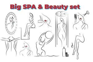 conjunto de imagens de procedimentos de autocuidado de beleza para mulheres e cabeleireiro de spa, cosmetologia, massagem, solário. ilustração vetorial editável vetor