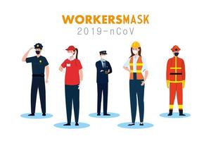 pessoas, trabalhadores com uniformes e máscaras de trabalho, desenho vetorial vetor