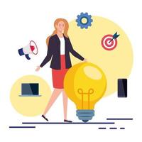 mulher com lâmpada e conjunto de ícones de design de vetor de marketing digital