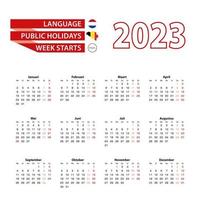 calendário 2023 em língua francesa com feriados no país da Bélgica no ano de 2023. vetor