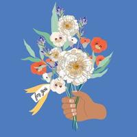 modelo de design de cartão feliz dia das mães com braço segurando um ramo de flores. cartaz desenhado à mão, panfleto ou ilustração vetorial de cartão com letras em estilo moderno de arte contemporânea. vetor