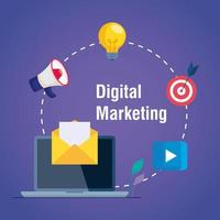 laptop e envelope com conjunto de ícones de design de vetor de marketing digital