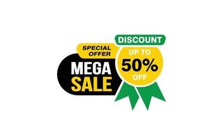 Oferta de mega venda de 50%, liberação, layout de banner de promoção com estilo de adesivo. vetor