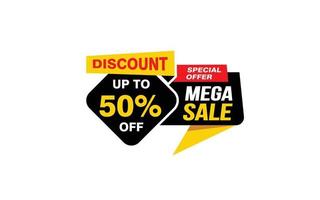 Oferta de mega venda de 50%, liberação, layout de banner de promoção com estilo de adesivo. vetor