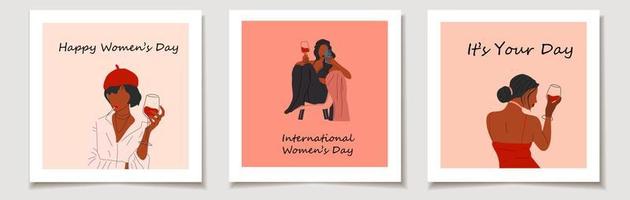 dia internacional da mulher. um conjunto de cartões com retrato abstrato de mulher com taças de vinho. mulher bebe vinho. amantes de videiras minimalistas. vetor