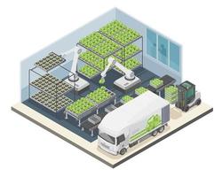 fábrica de plantas de cultivo vertical fábrica de plantas de conceito de cultivo vertical de vegetais usa robô e ilustração isolada isométrica ai vetor