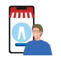 avatar homem e smartphone com desenho vetorial de tenda vetor