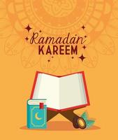 cartão islâmico ramadan kareem, livro aberto Corão e fruta data vetor