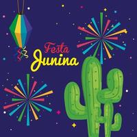 festa junina com cactos e decoração, festa junina brasileira, decoração de comemoração vetor