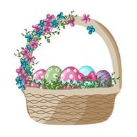cestas de páscoa dos desenhos animados com ovos pintados e flores da primavera. cesta de vime cheia de ovo de chocolate, conjunto de vetores de cestas de presente de feriado de primavera. ilustração da cesta de páscoa para férias