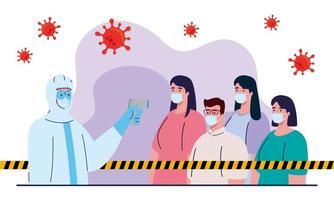 desinfecção, pessoa em traje de proteção contra vírus, com termômetro infravermelho digital sem contato, pessoas sob controle de temperatura vetor