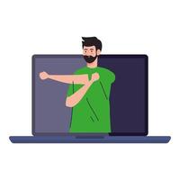 app de fitness, treinamento e exercícios, homem praticando esporte no laptop, esporte online vetor