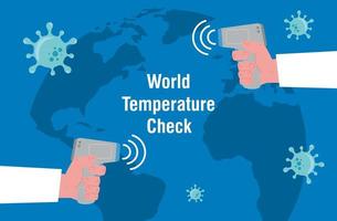 mãos com termômetros infravermelhos digitais sem contato, mapa mundial internacional, prevenção da doença coronavírus 2019 ncov vetor