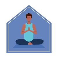 ficar em casa, homem afro meditando, conceito de ioga, meditação, relaxamento, estilo de vida saudável vetor