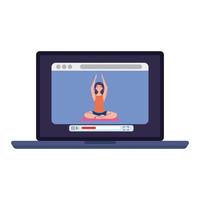 online, conceito de ioga, mulher pratica ioga e meditação, assistindo a uma transmissão em um laptop vetor