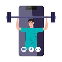 app fitness, treino e treino, homem praticando desporto em smartphone, desporto online vetor