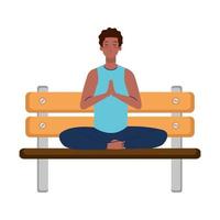 homem afro meditando sentado na cadeira de madeira do parque, conceito de ioga, meditação, relaxamento, estilo de vida saudável vetor