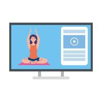 online, conceito de ioga, mulher pratica ioga e meditação, assistindo a uma transmissão em um computador vetor