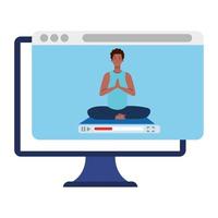 online, conceito de ioga, homem afro pratica ioga e meditação, assistindo a uma transmissão em um computador vetor