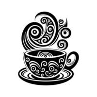 xícara ornamental de café quente. vetor monocromático para logotipo, emblema, mascote, bordado, sinal, artesanato.
