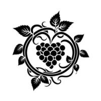 um cacho de uvas maduras em uma coroa de videiras e folhas. ilustração ornamental para, logotipo, emblema, bordado, artesanato, sinal, ícone. vetor