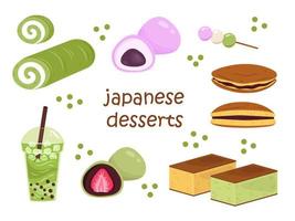 vetor definido com sobremesas japonesas. bubble tea, mochi, hanami dango, castella e matcha roll cake. coleção de comida asiática.
