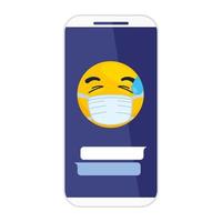 smartphone e emoji com gota de suor usando máscara médica no fundo branco vetor