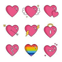 ícone de estilo pop art de coração rosa definido para feliz dia dos namorados. modelo de símbolo de sinal de amor, elementos de decoração, composição quadrada em fundo branco. vetor