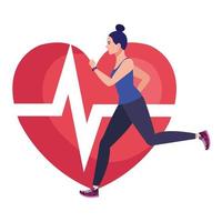 mulher correndo com o pulso do coração no fundo, atleta feminina com coração de cardiologia vetor