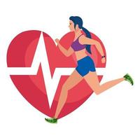 mulher correndo com o pulso do coração no fundo, atleta feminina com coração de cardiologia