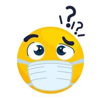 emoji pensativo usando máscara médica, rosto amarelo pensativo com um ícone de máscara cirúrgica branca vetor