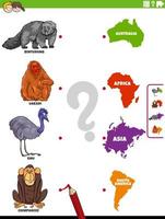jogo educacional de combinar espécies animais e continentes vetor
