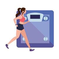 mulher correndo com fundo de escala de pesagem, atleta feminina com máquina de pesagem em fundo branco vetor
