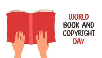 dia mundial do livro e dos direitos autorais. abra o livro com a mão no fundo branco. lendo ilustração vetorial. vetor