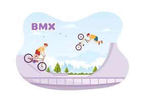 ilustração de esporte de bicicleta bmx com jovens andando de bicicleta para banner da web ou página de destino em modelo de plano de fundo de desenho de mão de desenho animado vetor