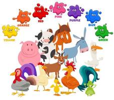 cores básicas para crianças com grupo de personagens de animais de fazenda