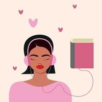 uma linda jovem em fones de ouvido ouve um audiolivro. o conceito de audiolivros. uma mulher ouve livros online, gosta de literatura, estuda. verme de áudio. vetor plano