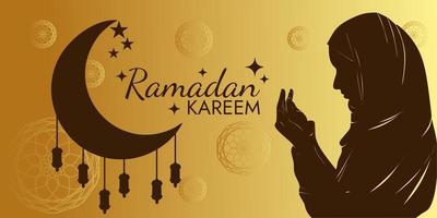 design de banner de saudação islâmica ramadan kareem com ilustração de silhueta de mulher rezando, lanterna e lua crescente vetor