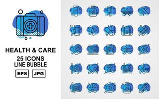 Pacote de ícones de bolhas com 25 linhas premium de saúde e cuidados vetor