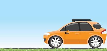 vista lateral da cor laranja do veículo de viagem com rack de teto anexado. na estrada de asfalto com folha de grama verde. e claro do céu para o fundo. vetor