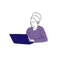 ilustração desenhada à mão minimalista de mulher trabalhando na frente do laptop vetor
