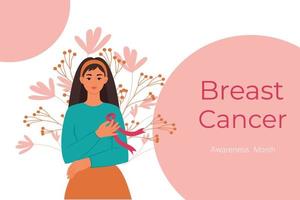 uma mulher com uma fita rosa no peito é um símbolo da luta contra o câncer de mama. conceito de prevenção do câncer. ilustração vetorial plana vetor