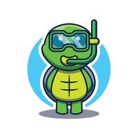 logotipo bonito dos desenhos animados do mascote da tartaruga usando óculos de natação vetor